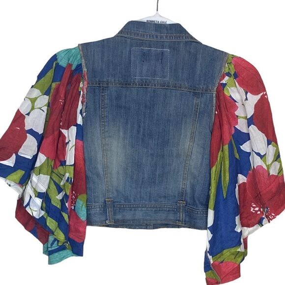 Snazzies Artwear Debbi Davis Mixed Media Floral Flare Sleeves Denim Jacket Sz 7 - Picture 3 of 5